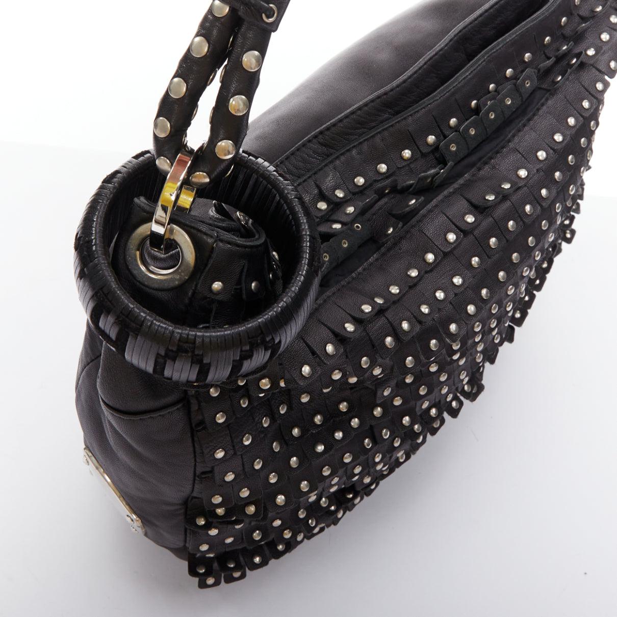 JIMMY CHOO Sky black studded suede fringe cuff strap hobo bag 2