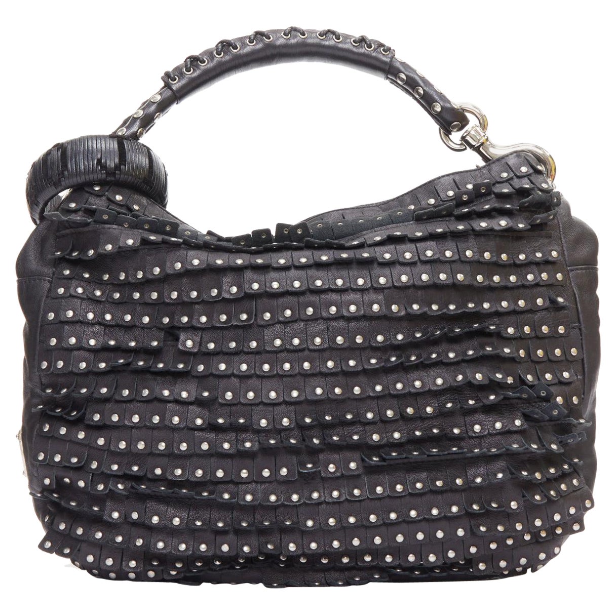 JIMMY CHOO Sky black studded suede fringe cuff strap hobo bag