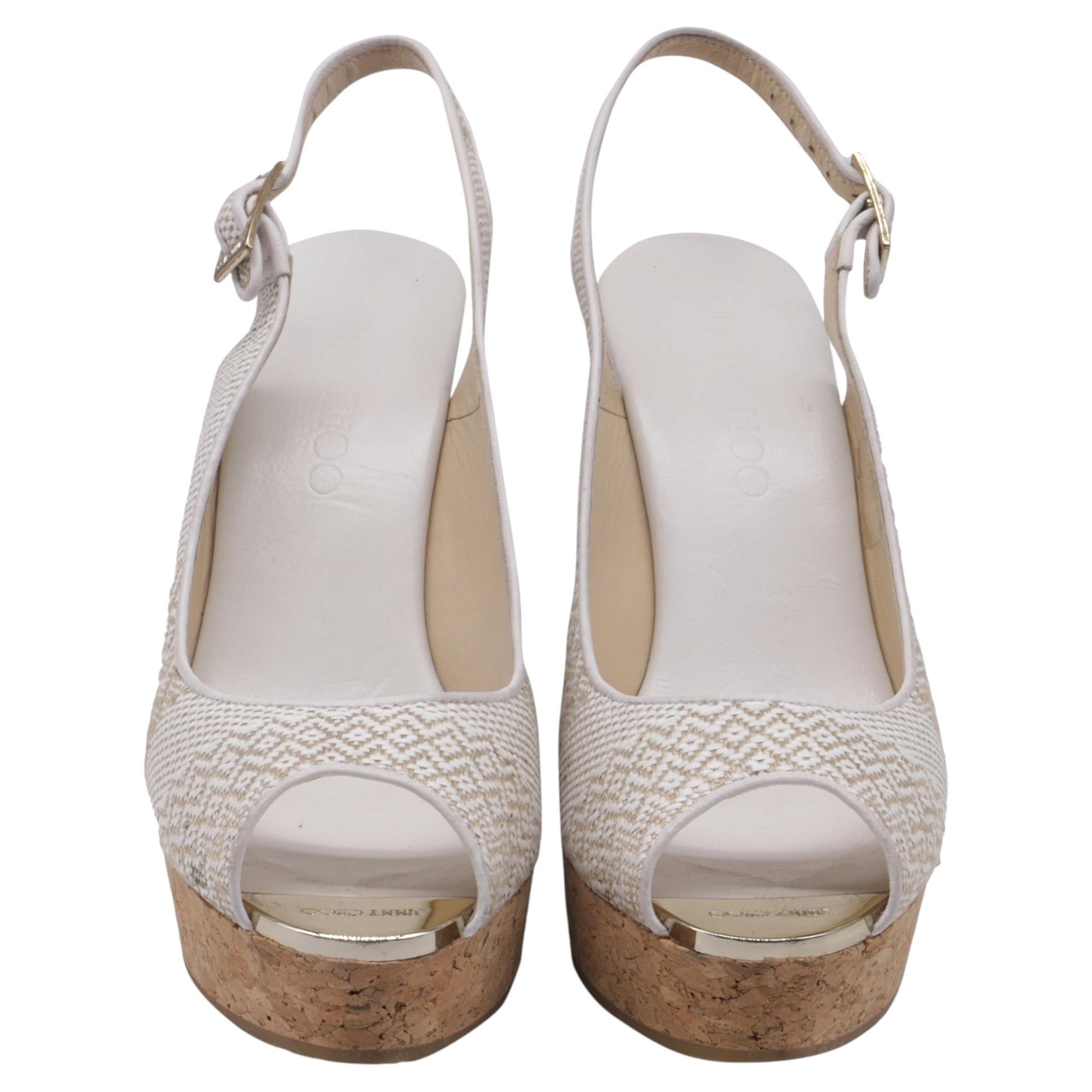 Pre-owned Jimmy Choo Slingback Peep Toe Wedges Sandals In White Raffia