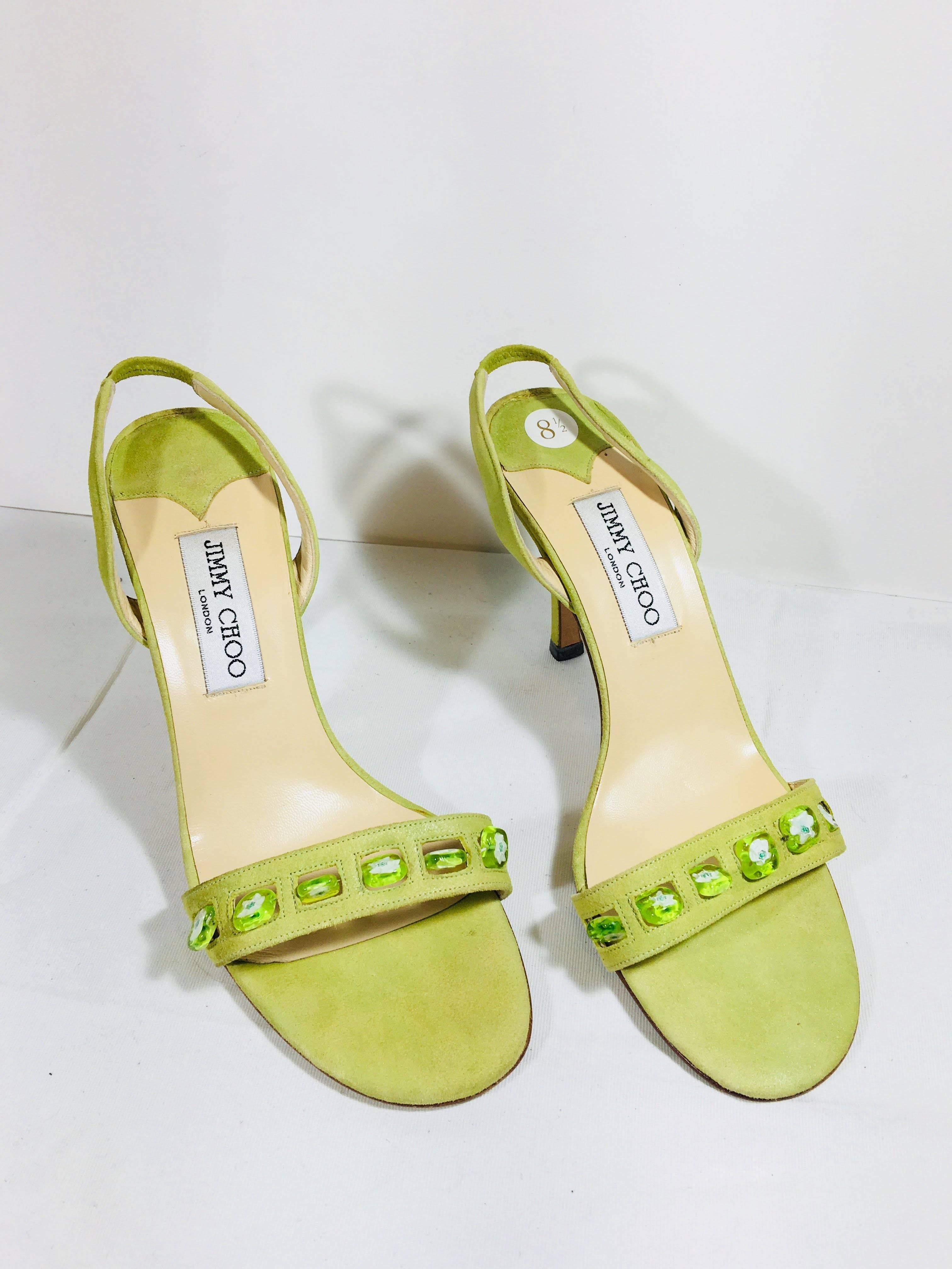Jimmy Choo Slingback Pumps with Open Toe in Lime Green Suede and Beaded Detail.
