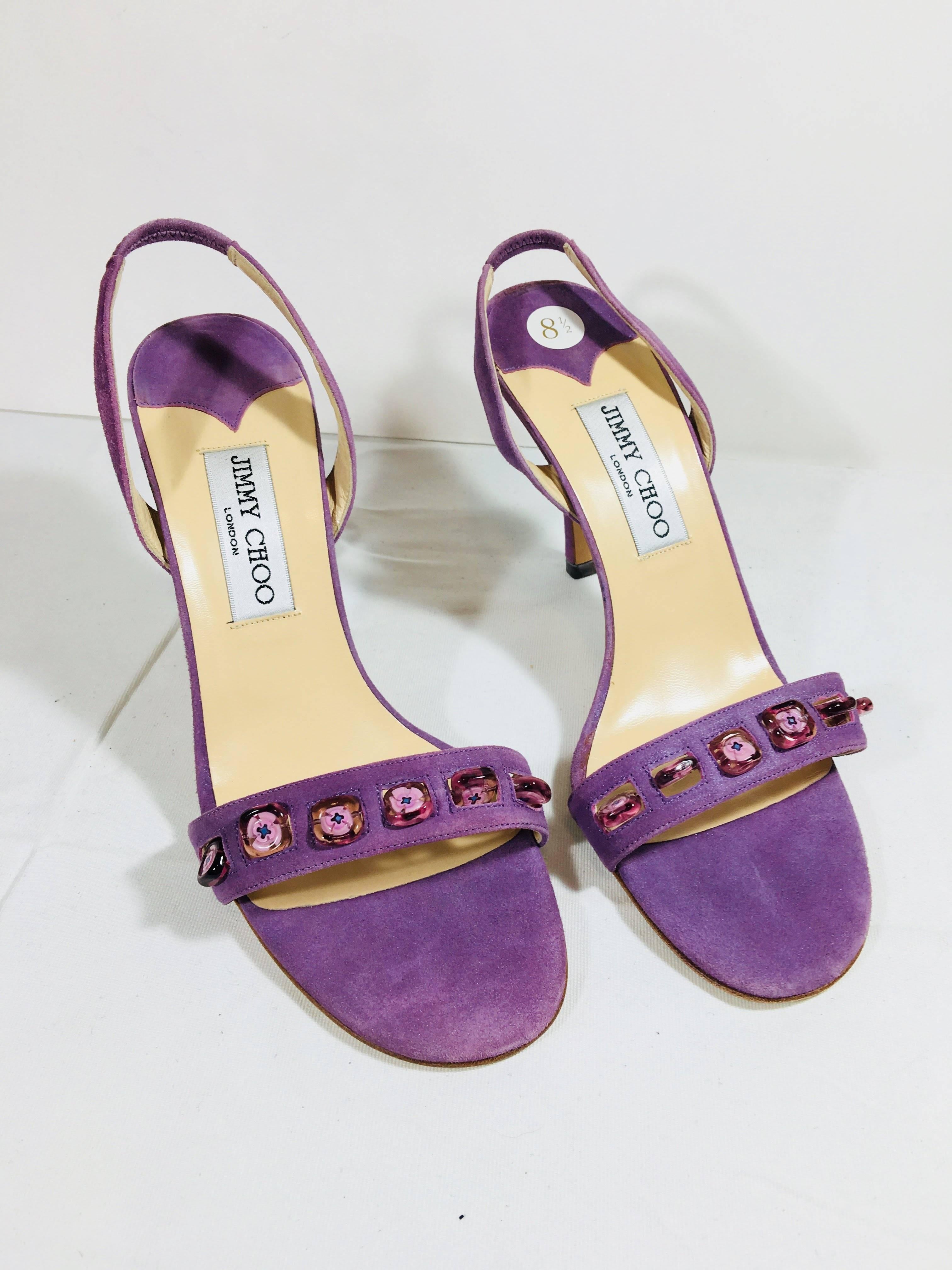 Jimmy Choo Slingback Pumps with Open Toe in Purple Suede and Beaded Detail.