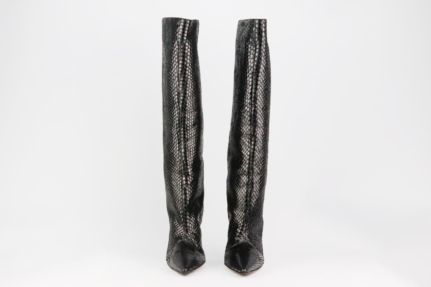 The boots by Jimmy Choo are expertly made in Italy from supple snakeskin, they have flattering pointed toes, the sturdy 85mm heels will give you a little lift but still feel really comfortable to walk in. Heel measures approximately 89 mm/ 3.5 inch.