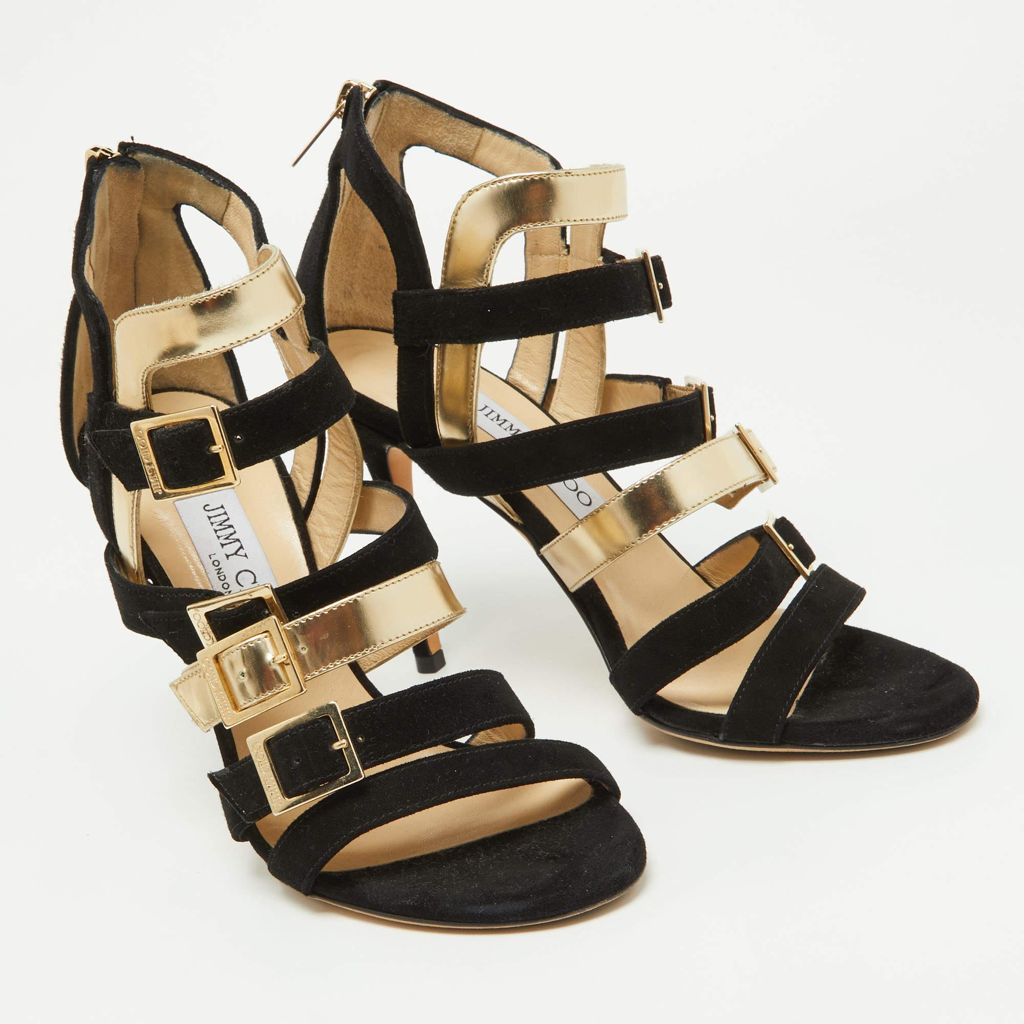 Black Jimmy Choo Suede and Patent Leather Booster Gladiator Sandals Size 38.5 For Sale