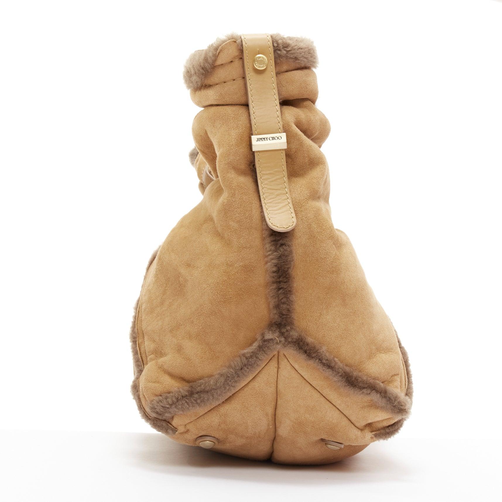 JIMMY CHOO Sylvia brown suede shearling fur hobo tote bag In Fair Condition In Hong Kong, NT