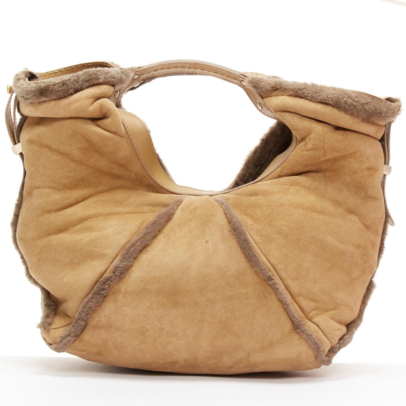Women's JIMMY CHOO Sylvia brown suede shearling fur hobo tote bag