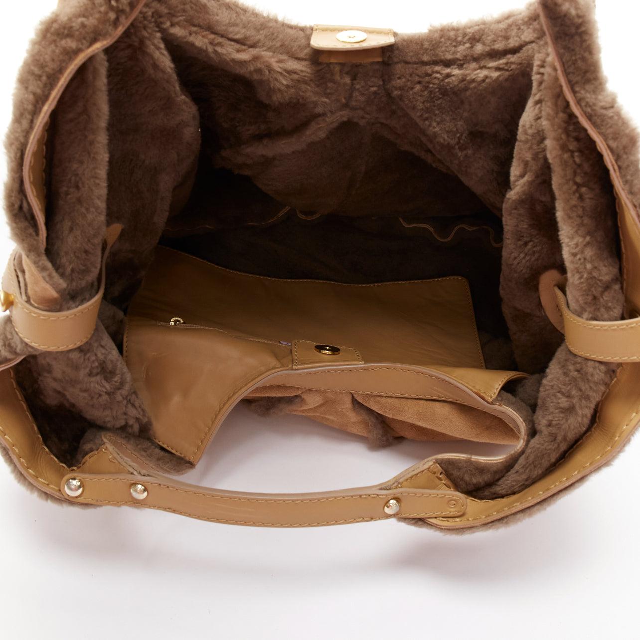JIMMY CHOO Sylvia brown suede shearling fur hobo tote bag 4