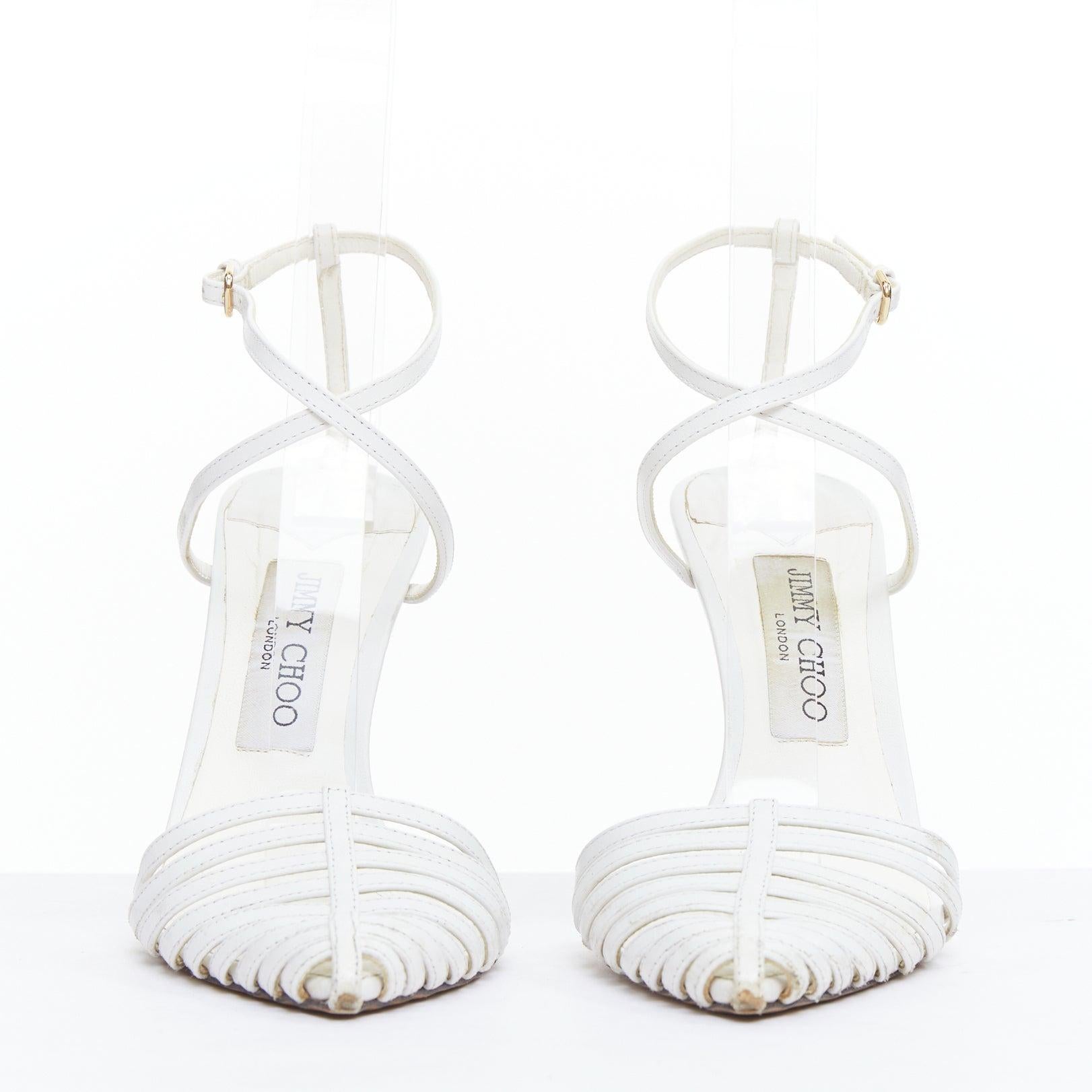 Gray JIMMY CHOO Tamai 100 white leather caged toe criss cross sandals EU36.5 For Sale
