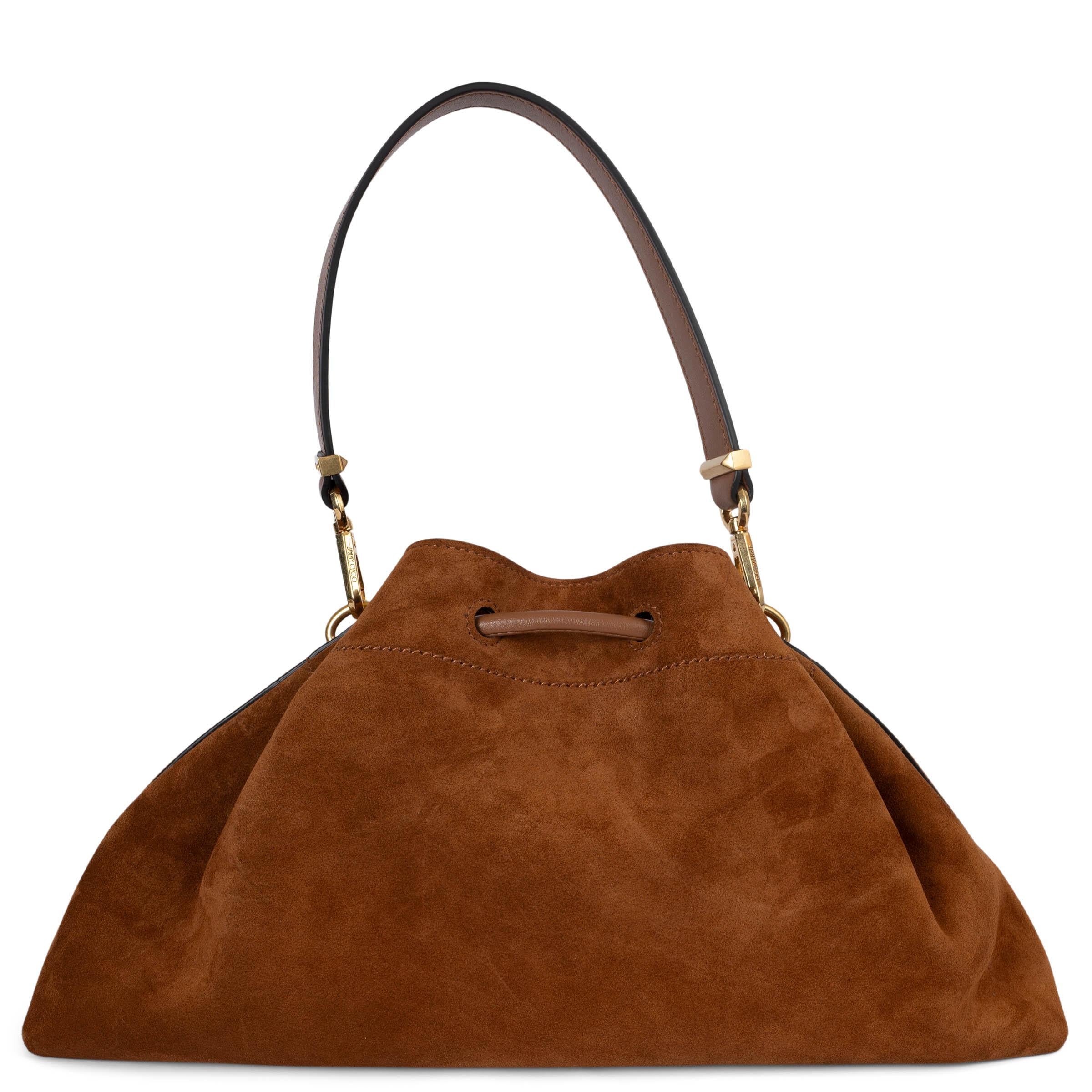 Brown JIMMY CHOO tan brown suede CINCH M Bucket Shoulder Bag For Sale