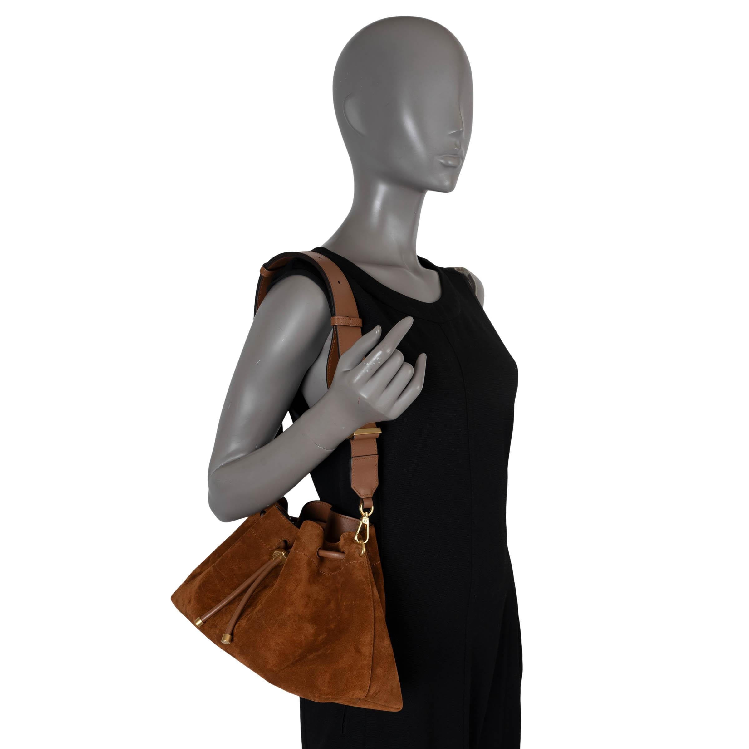 JIMMY CHOO tan brown suede CINCH M Bucket Shoulder Bag For Sale 4