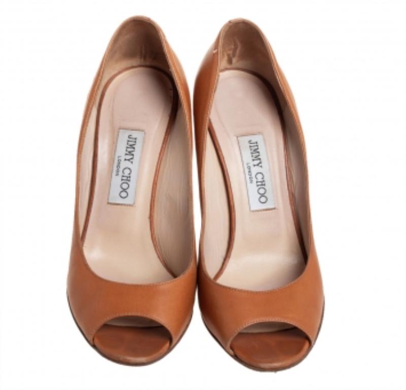 Jimmy Choo Tan Leather Wedge Peep Toe Pumps Size 39.5 For Sale 2