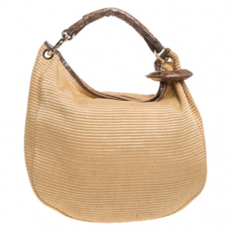 Jimmy Choo Tan Straw and Snake Skin Trim Handle Sky Hobo en vente 1