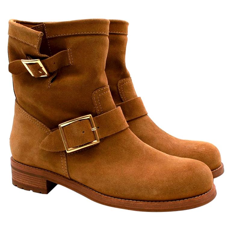 Jimmy Choo Tan Suede Buckled Youth Biker Boots  US9 For Sale
