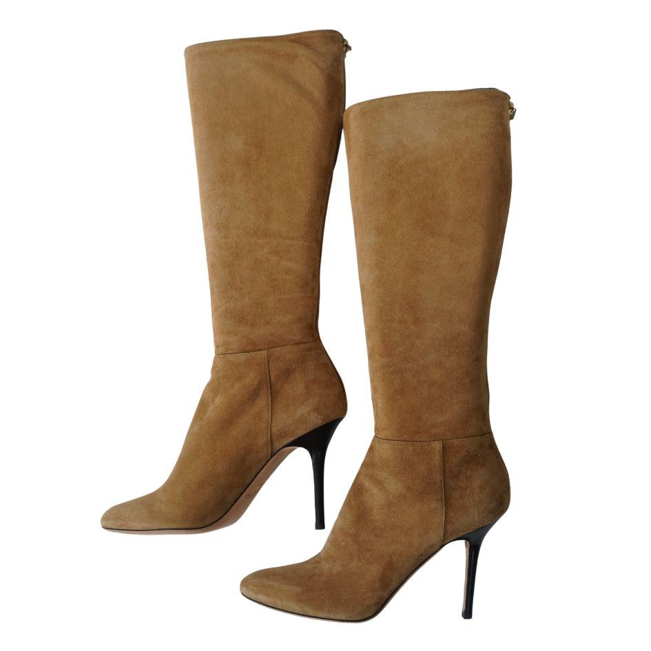 Jimmy Choo Tan Suede Knee High Boots
size 41 
Heel Height 4” 
Calf opening 14.5”
Lightly worn, still in great condition 