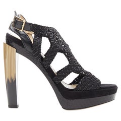 JIMMY CHOO Taytum 130 black woven leather curved heel platform sandal EU39
