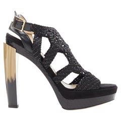 JIMMY CHOO Taytum 130 black woven leather curved heel platform sandal EU39