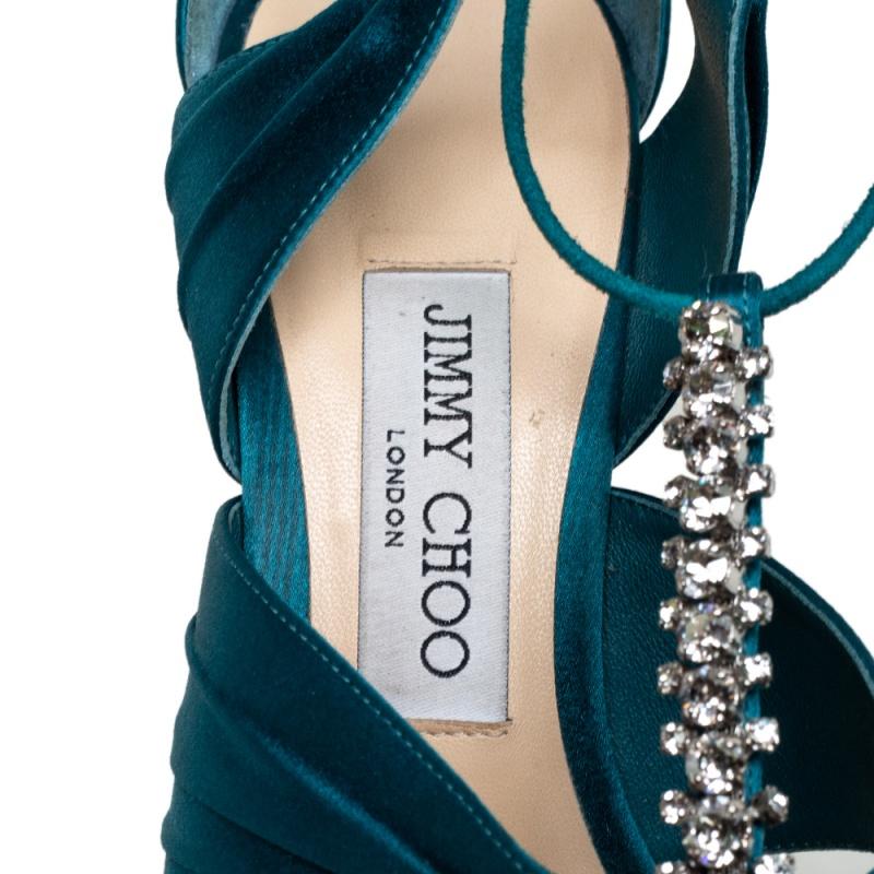 Women's Jimmy Choo Teal Blue Satin Kenny Embellished Ankle Wrap Sandals Size 39