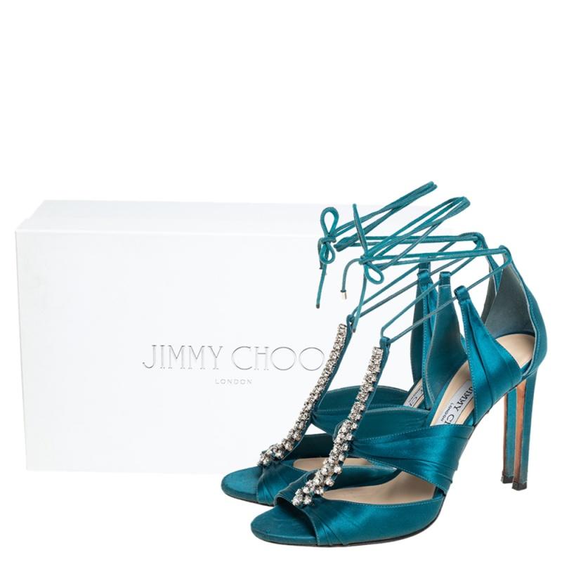 Jimmy Choo Teal Blue Satin Kenny Embellished Ankle Wrap Sandals Size 39 1