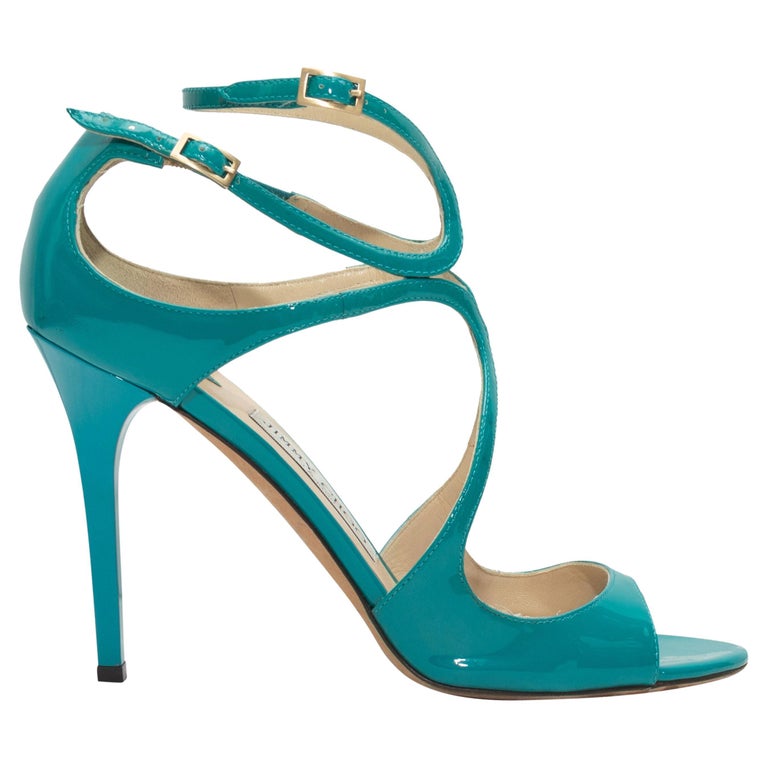 Jimmy Choo Teal Patent Leather Strappy Heeled Sandals For Sale at 1stDibs