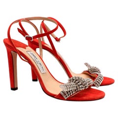 Jimmy Choo Thyra 100 Suede Pumps in Mandarin with Crystal Knot - Size EU 39