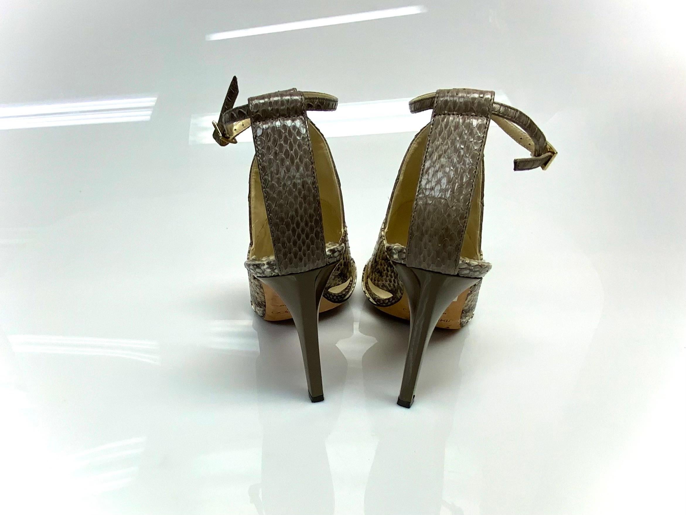 Brown Jimmy Choo Timbus Earthtoned Snake Heeled Sandals Size 37.5 For Sale