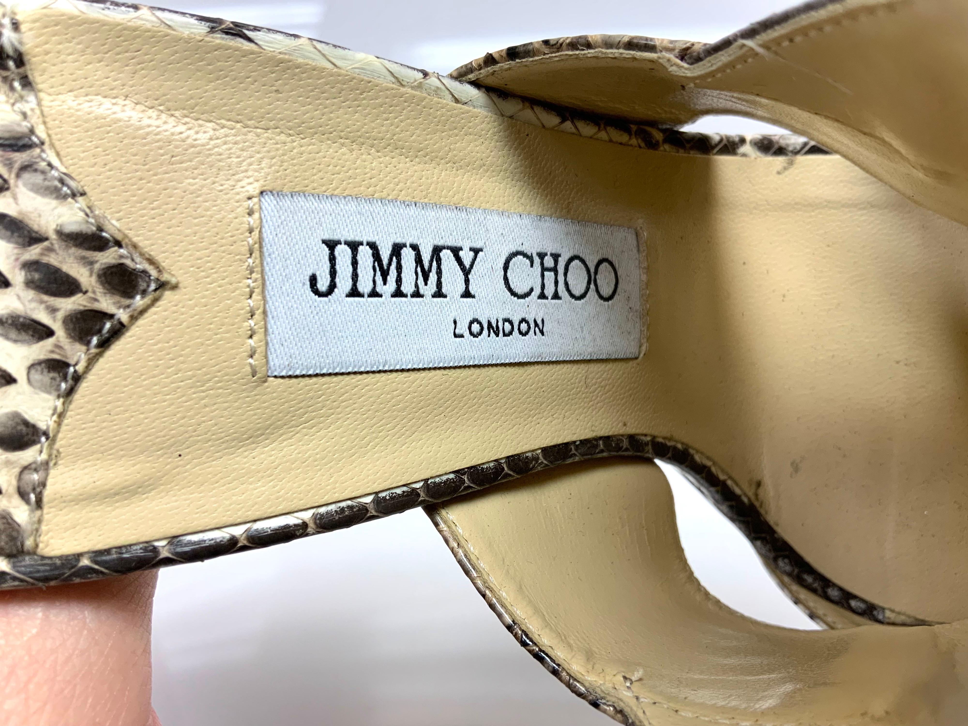 Women's Jimmy Choo Timbus Earthtoned Snake Heeled Sandals Size 37.5 For Sale