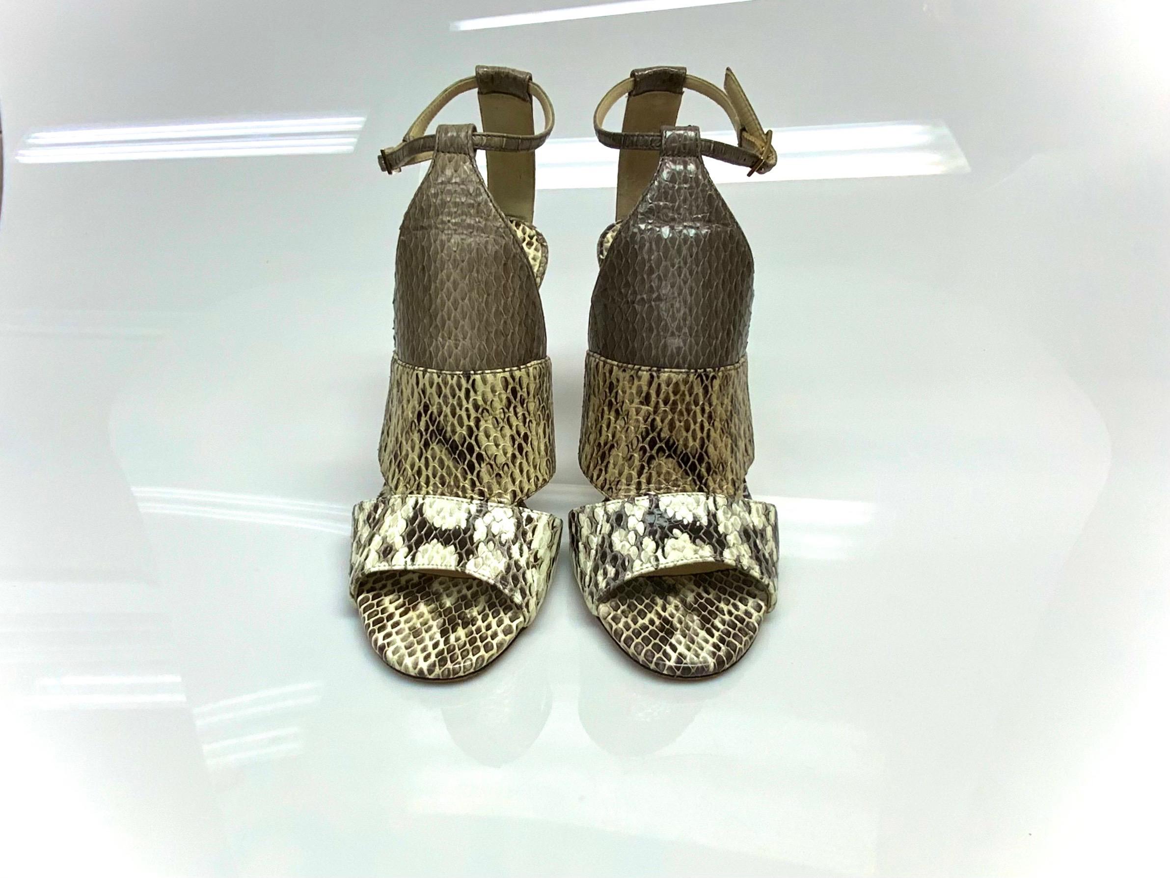 Jimmy Choo Timbus Earthtoned Snake Heeled Sandals Size 37.5 For Sale 3