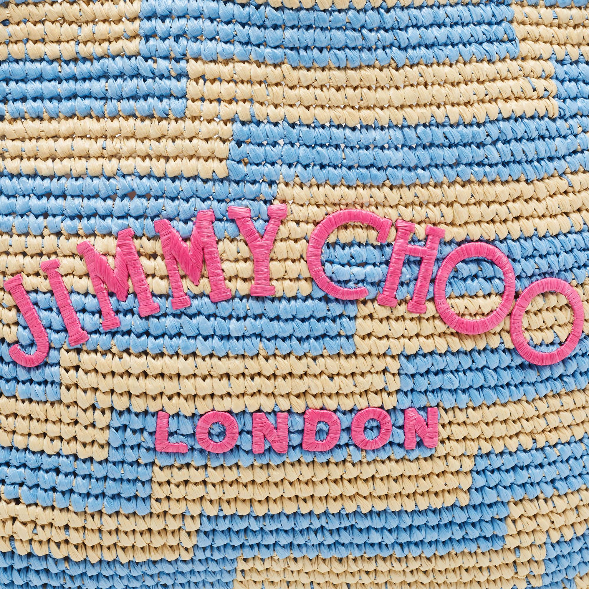 Women's Jimmy Choo Tri Color Woven Raffia Embroidered Logo Avenue Tote