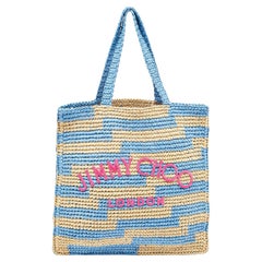 Jimmy Choo Tri Color Woven Raffia Embroidered Logo Avenue Tote