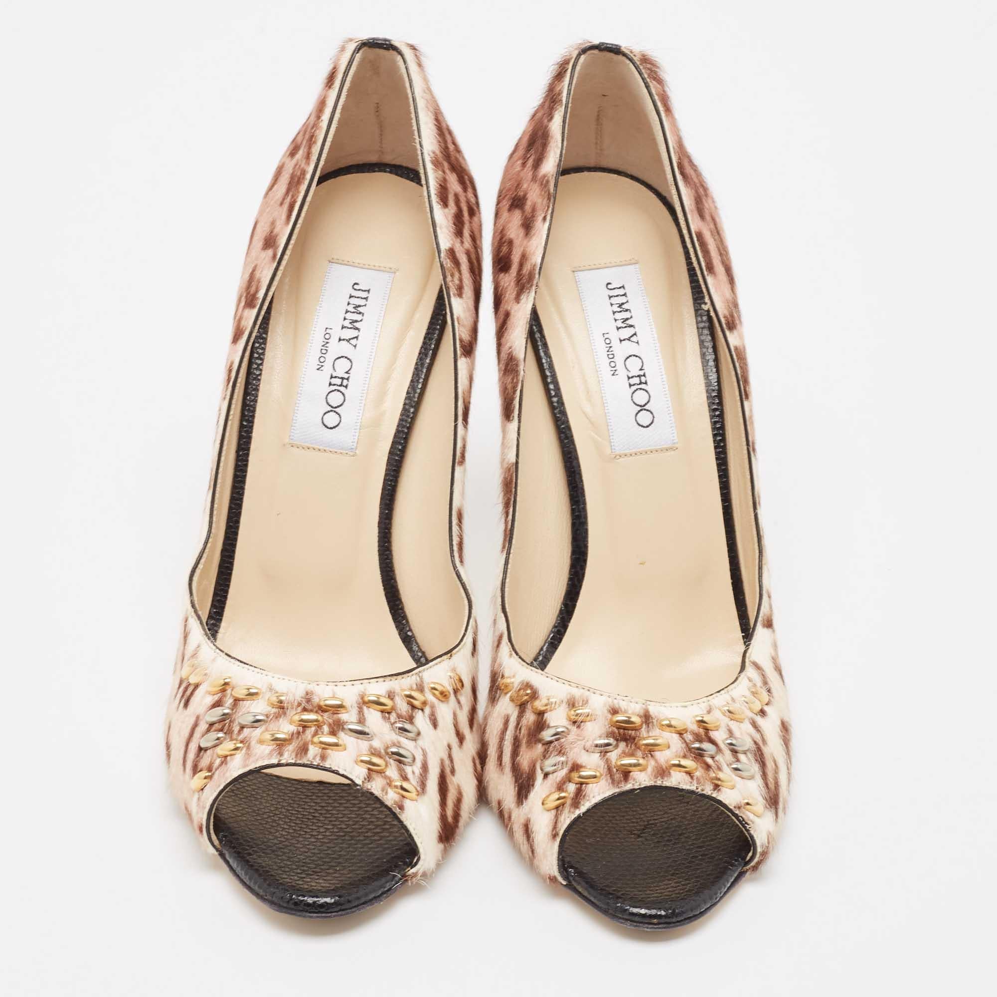 Beige Jimmy Choo Tricolor Animal Print Calf Hair Studded Open Toe Pumps Size 39.5 For Sale
