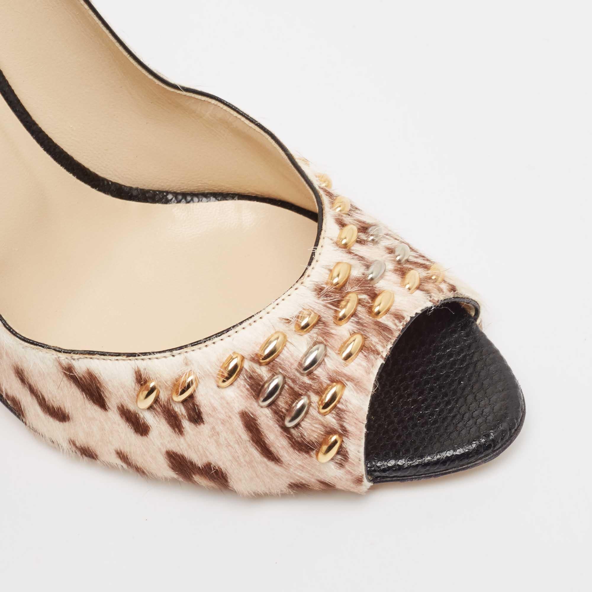 Jimmy Choo Tricolor Animal Print Calf Hair Studded Open Toe Pumps Size 39.5 For Sale 3
