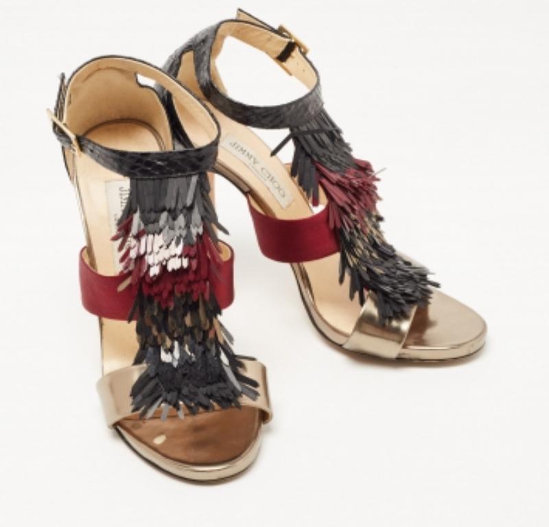 Jimmy Choo Sandali con frange in pitone, raso e pelle Fedora tricolore misura 38,5 in vendita 1