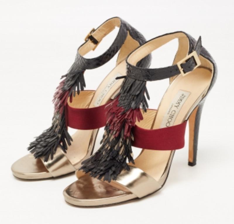 Jimmy Choo Sandali con frange in pitone, raso e pelle Fedora tricolore misura 38,5 in vendita 3