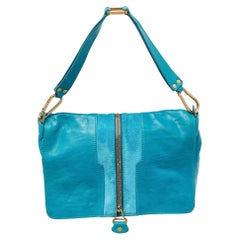 Used Jimmy Choo Turquoise Blue Leather and Suede Expandable Shoulder Bag