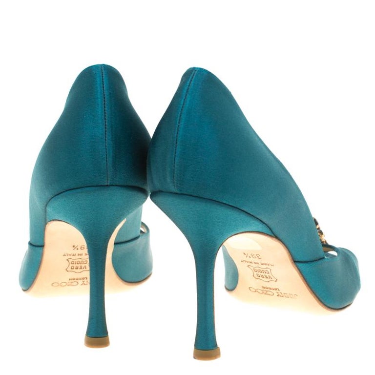 Jimmy Choo Turquoise Blue Satin Crystal Cut Out Peep Toe Sandals Size ...