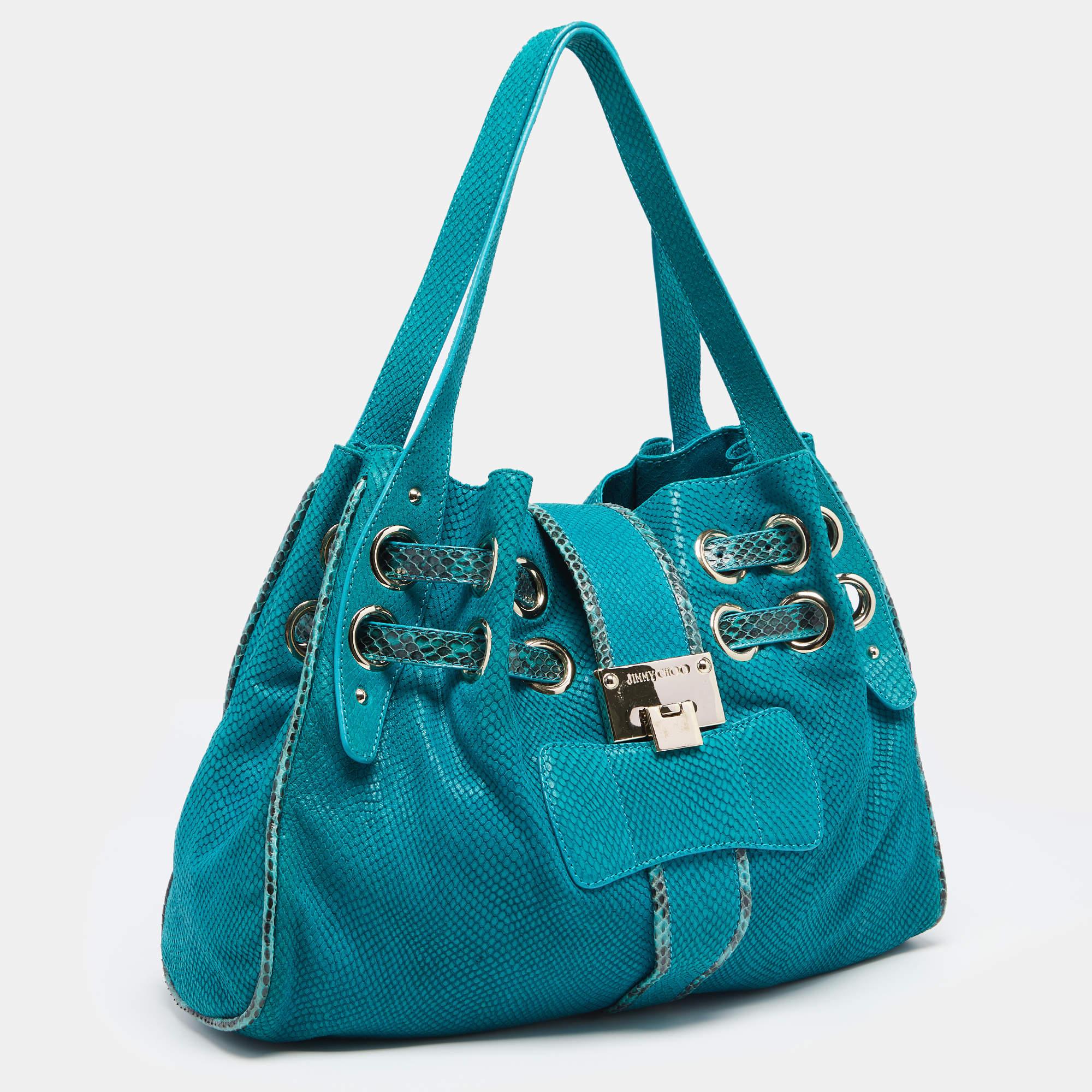 Jimmy Choo Turquoise Embossed Suede and Snakeskin Trim Riki Tote In Good Condition In Dubai, Al Qouz 2