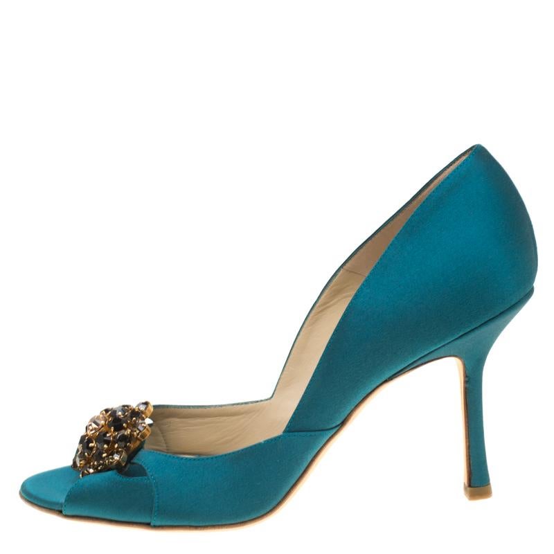 Blue Jimmy Choo Turquoise Satin Crystal Embellished Cut Out Peep Toe Sandals 39.5