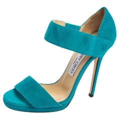 Used Jimmy Choo Turquoise Suede Open Toe Ankle Strap Sandals Size 36.5