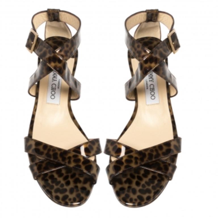 Black Jimmy Choo Two Tone Leopard Print Patent Leather Chiara Wedge Sandals Size 39 For Sale