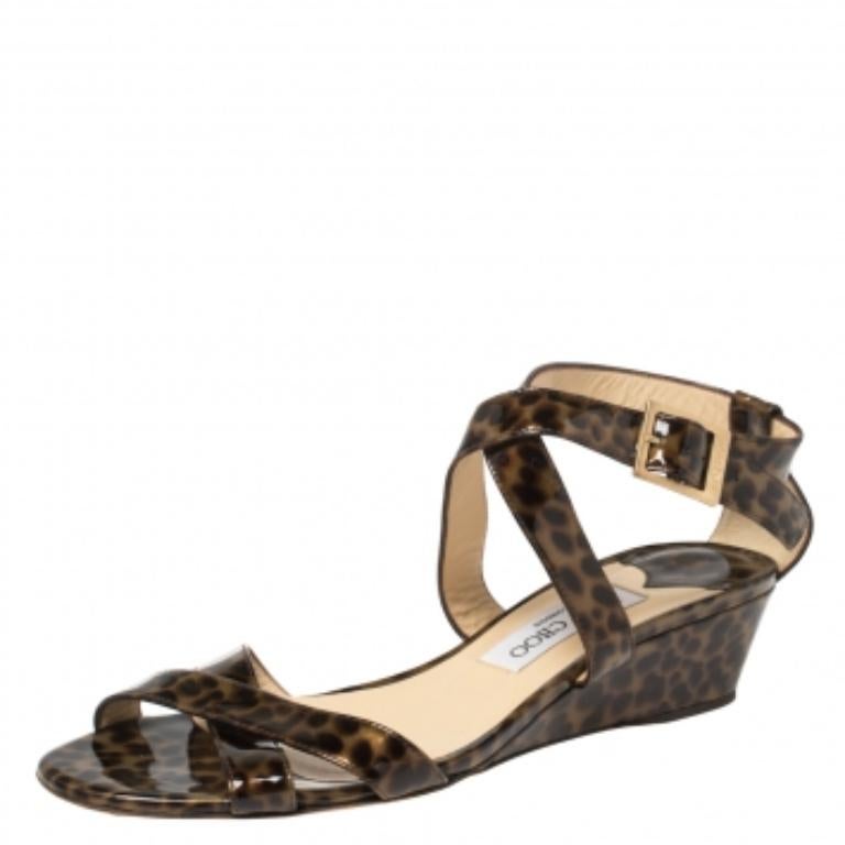Jimmy Choo Two Tone Leopard Print Patent Leather Chiara Wedge Sandals Size 39 For Sale 2