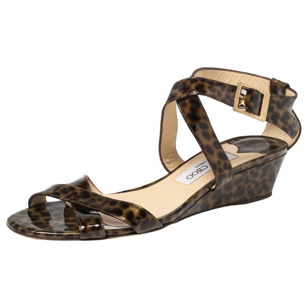Jimmy Choo Two Tone Leopard Print Patent Leather Chiara Wedge Sandals Size 39