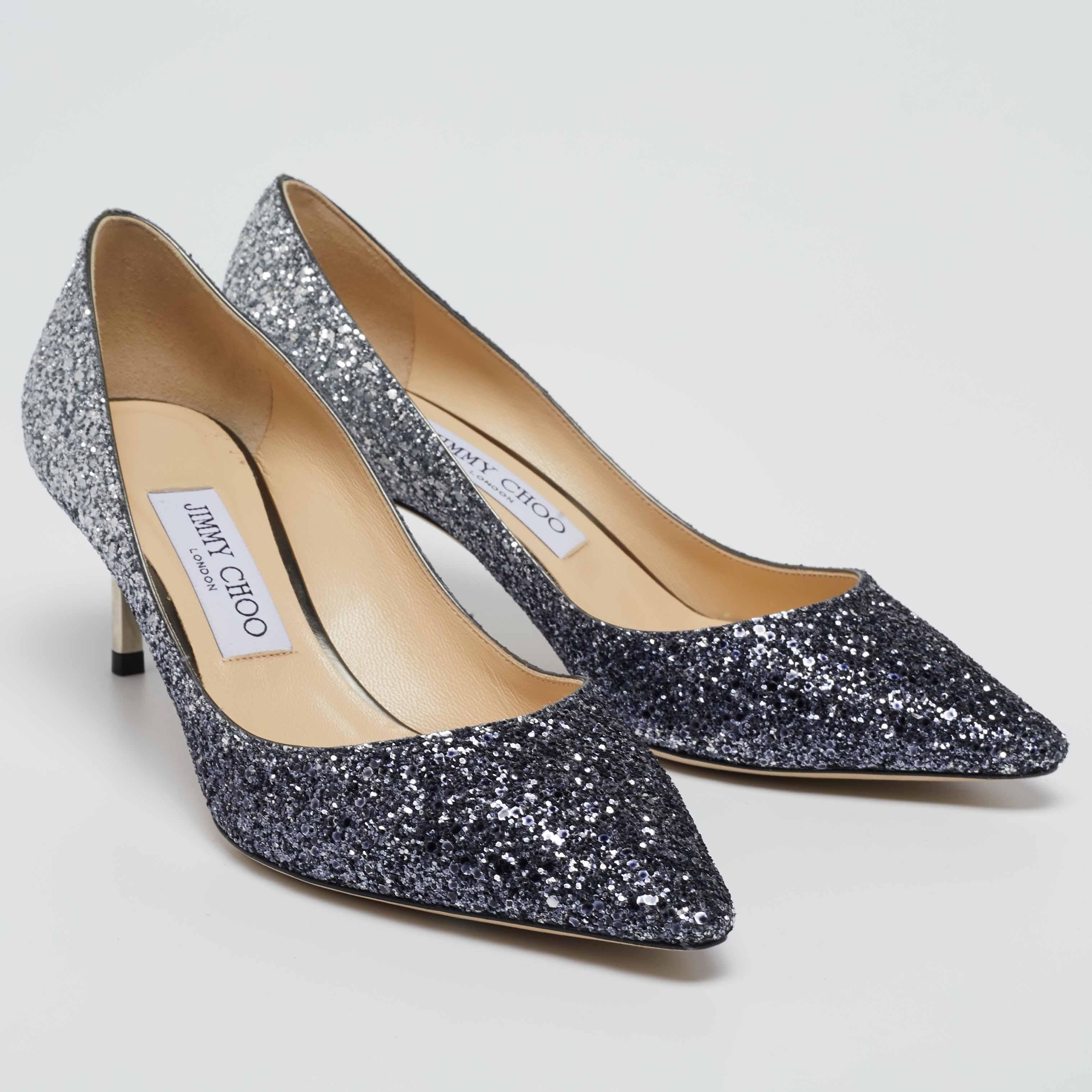 Gray Jimmy Choo Two Tone Ombre Coarse Glitter Fabric Romy Pointed Toe Pumps 37.5