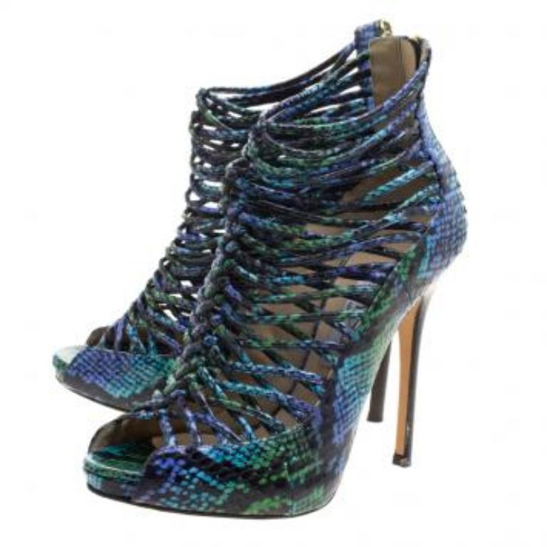 Noir Jimmy Choo - Sandales à bout ouvert en cuir de python bicolore « Quaker Elaphe », taille 39,5 en vente