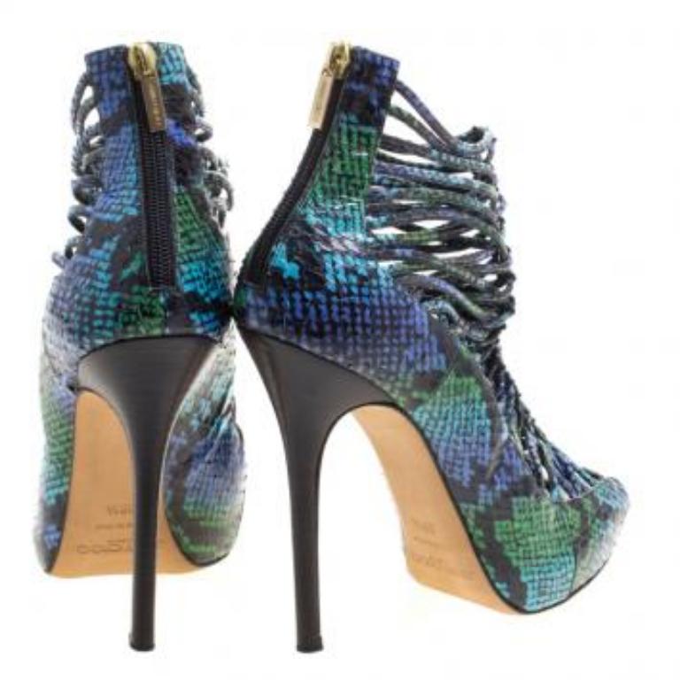 Jimmy Choo - Sandales à bout ouvert en cuir de python bicolore « Quaker Elaphe », taille 39,5 Pour femmes en vente