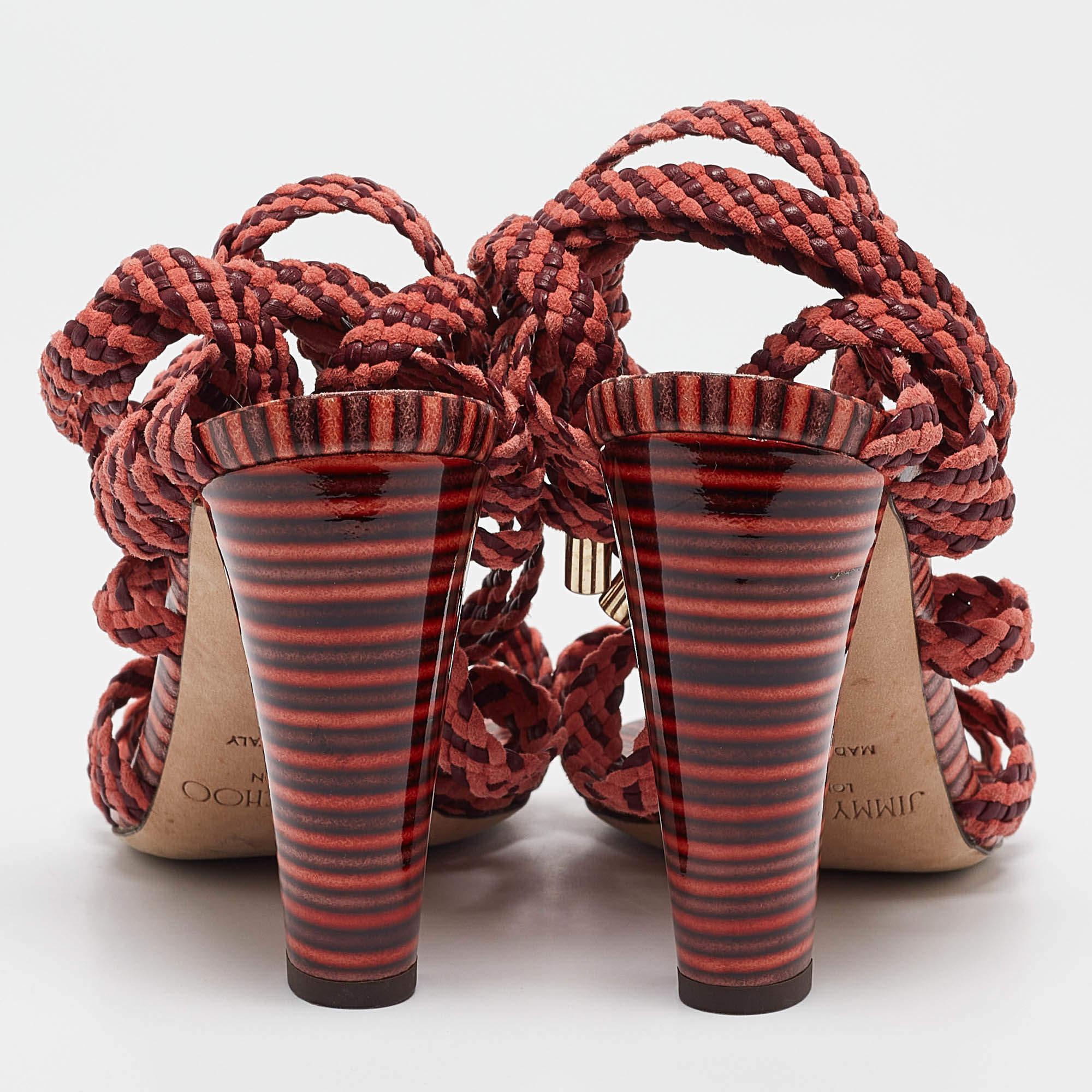 Women's Jimmy Choo Two Tone Woven Suede and Leather Ankle Tie Sandals Size 37 For Sale
