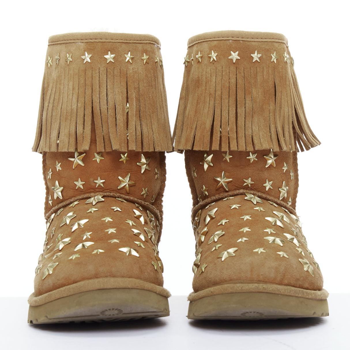 JIMMY CHOO UGG brown suede gold star embellished fringe trim snow boots EU36 In Good Condition In Hong Kong, NT