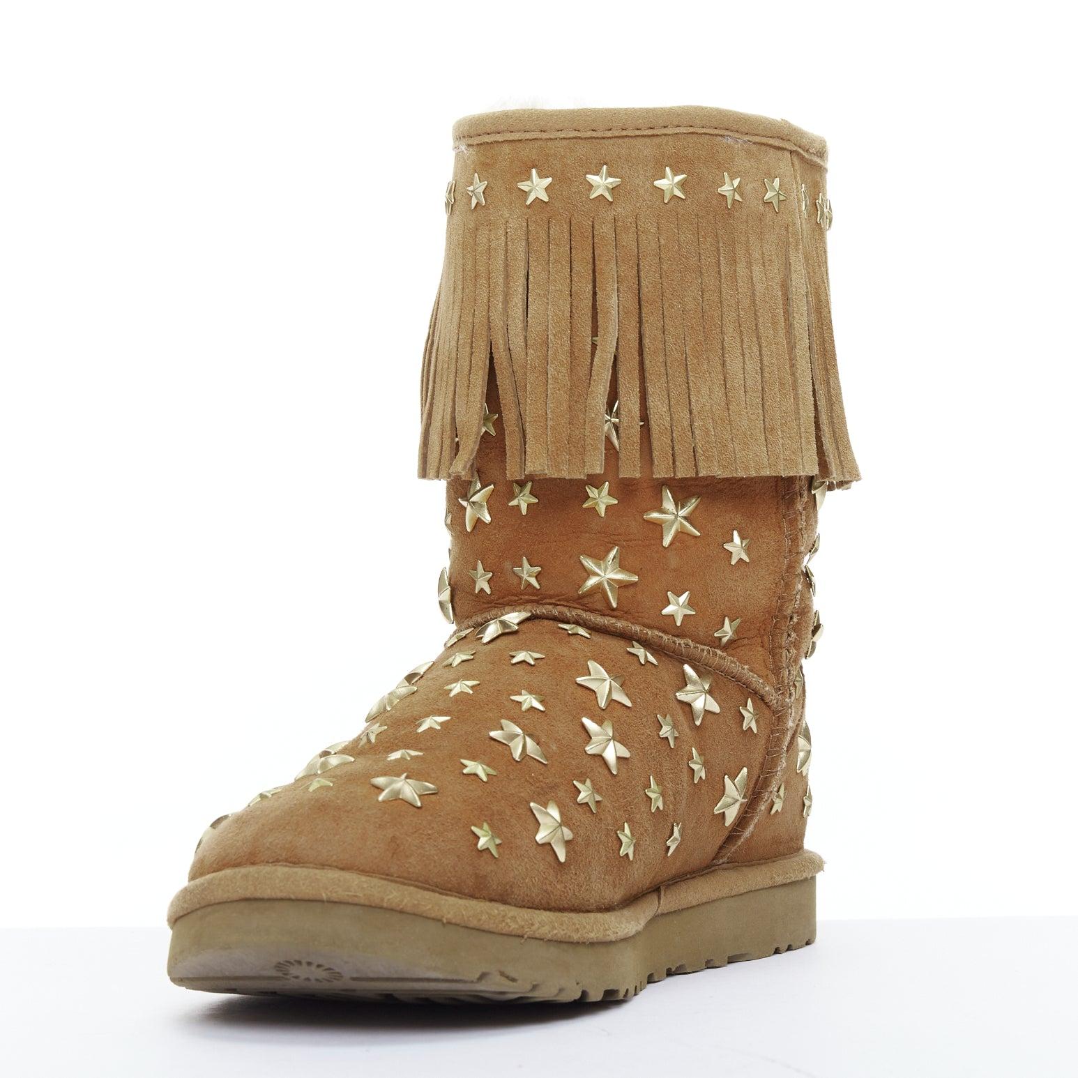 Women's JIMMY CHOO UGG brown suede gold star embellished fringe trim snow boots EU36