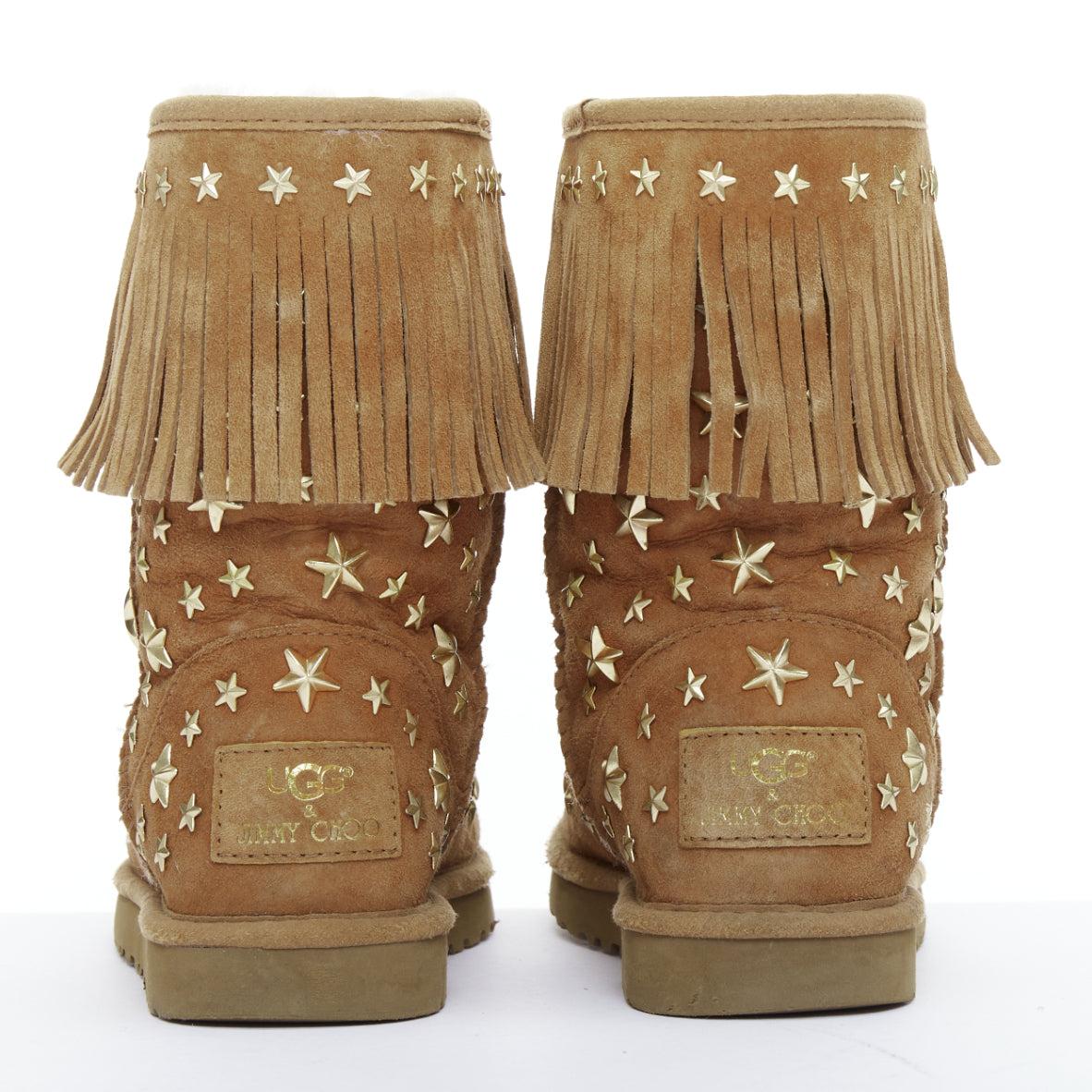 JIMMY CHOO UGG brown suede gold star embellished fringe trim snow boots EU36 1