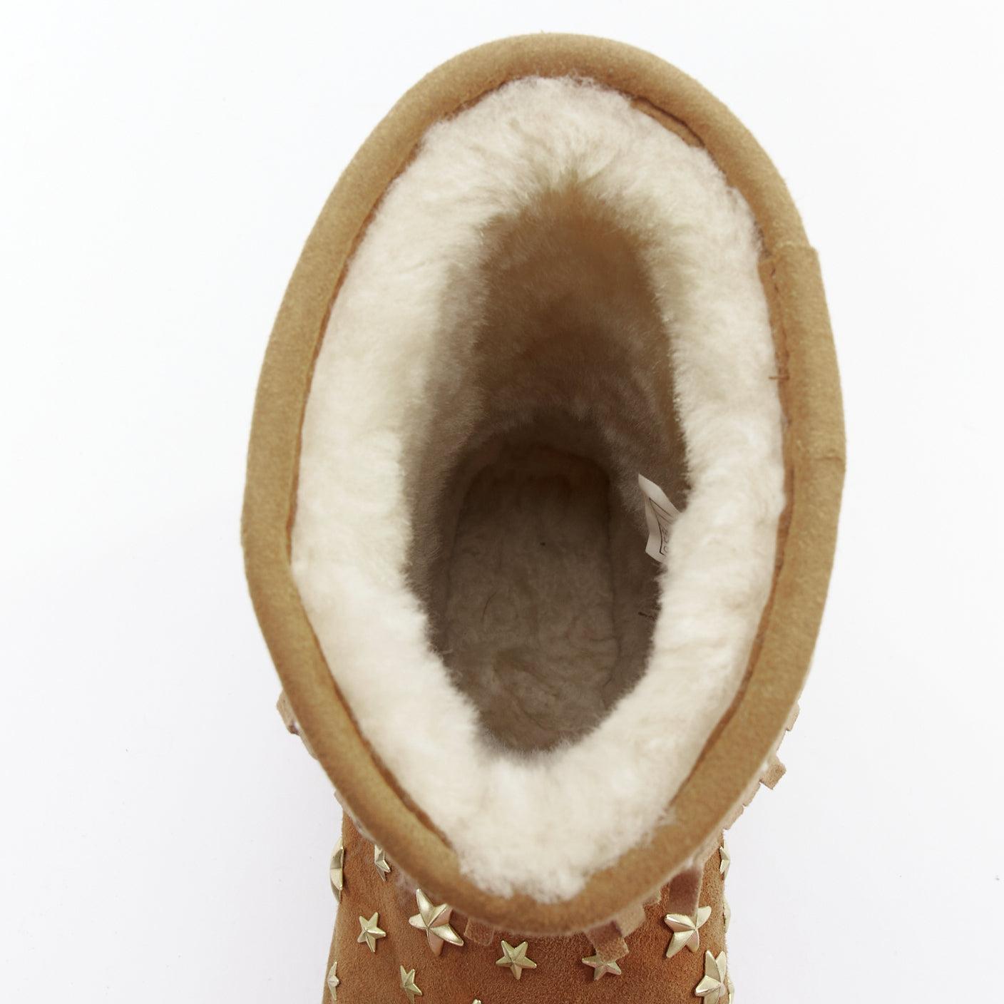 JIMMY CHOO UGG brown suede gold star embellished fringe trim snow boots EU36 4