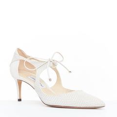 JIMMY CHOO Vanessa white textured suede leather tie bridal pump EU38.5