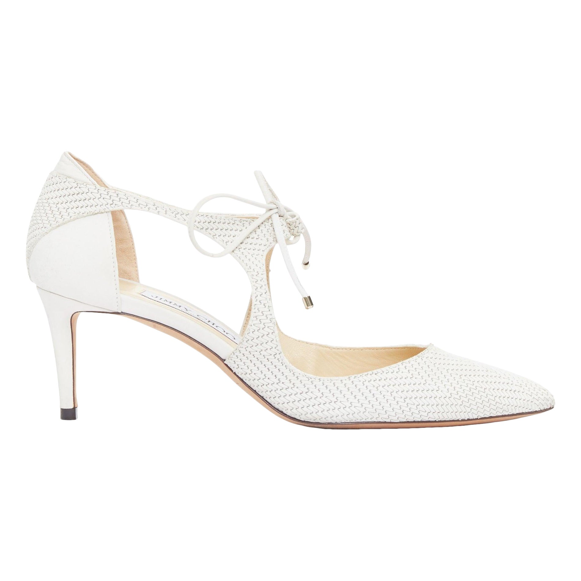 JIMMY CHOO Vanessa white textured suede leather tie bridal pump EU38.5